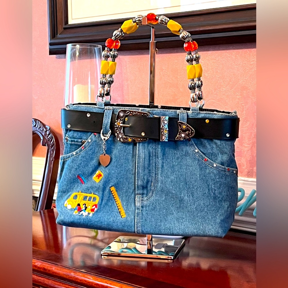 Denim Handbag with Colorful Beaded Handle